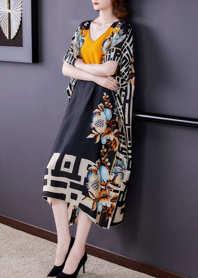 Italian Colorblock V Neck Print Patchwork Loose Silk Dresses Summer LY5934