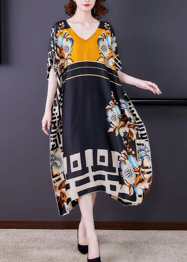 Italian Colorblock V Neck Print Patchwork Loose Silk Dresses Summer LY5934