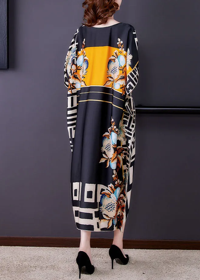 Italian Colorblock V Neck Print Patchwork Loose Silk Dresses Summer LY5934