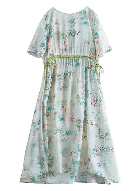 Italian Light Green Drawstring Patchwork Print Summer Cotton Vacation Dresses