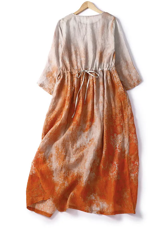 Italian Orange Print Patchwork Drawstring Linen Long Dresses Summer LY4523