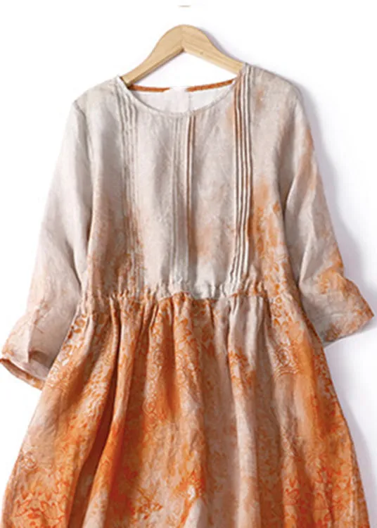 Italian Orange Print Patchwork Drawstring Linen Long Dresses Summer LY4523