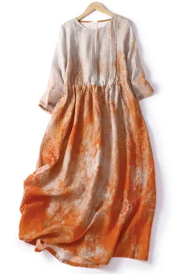 Italian Orange Print Patchwork Drawstring Linen Long Dresses Summer LY4523