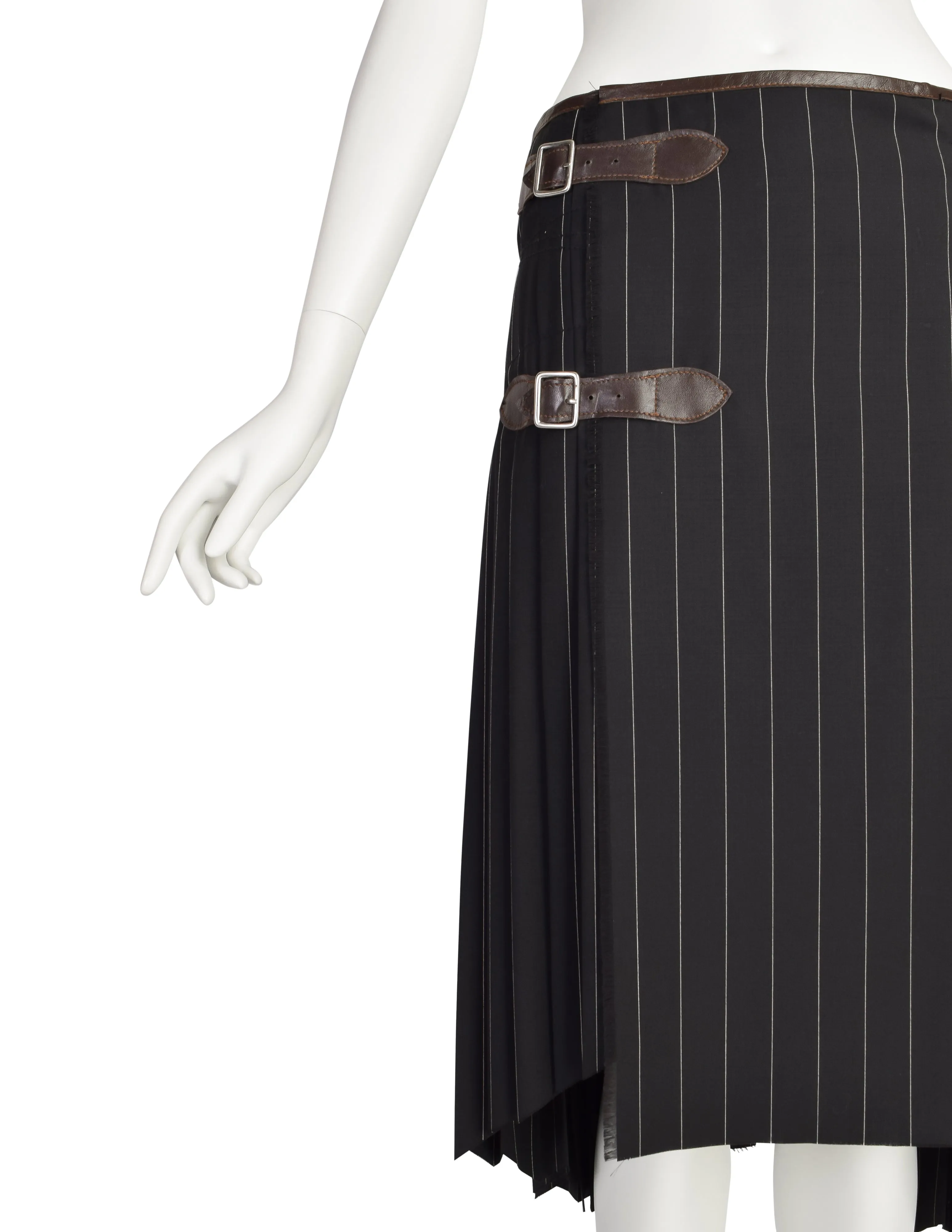 Jean Paul Gaultier Vintage Black Pinstripe Leather Buckle Wool Pleated Wrap Skirt