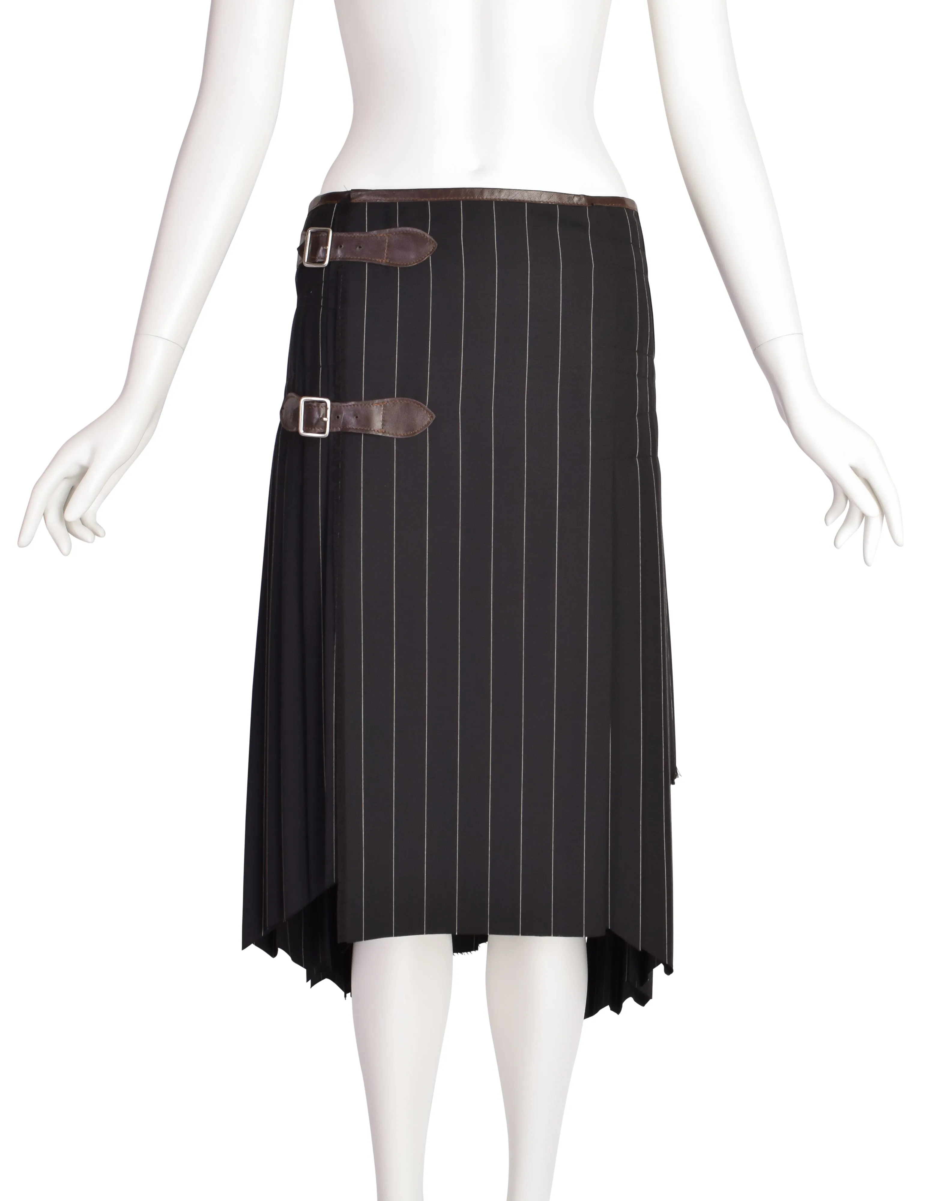 Jean Paul Gaultier Vintage Black Pinstripe Leather Buckle Wool Pleated Wrap Skirt