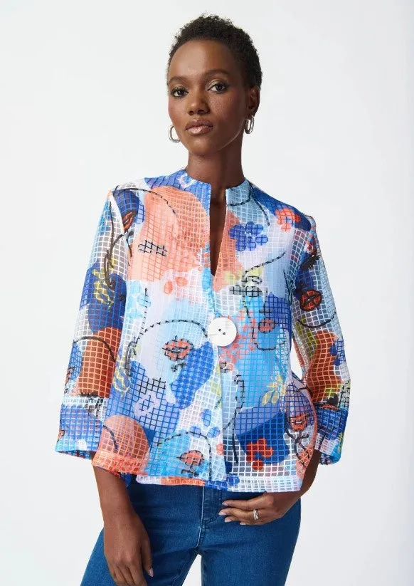 Joseph Ribkoff Vanilla/Multi Abstract Face Print Check Semi-Sheer Swing Jacket 241191