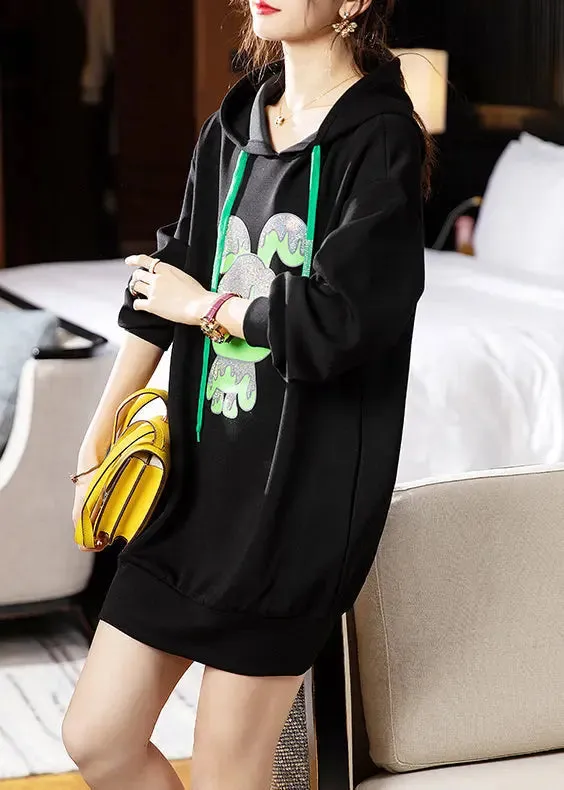 Loose Black Hooded Print Patchwork Cotton Dresses Fall ML0955