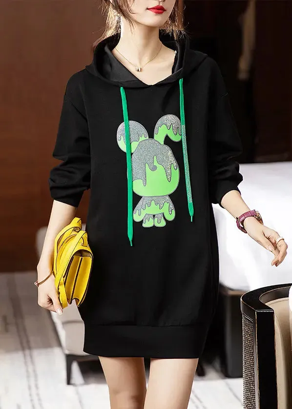 Loose Black Hooded Print Patchwork Cotton Dresses Fall ML0955