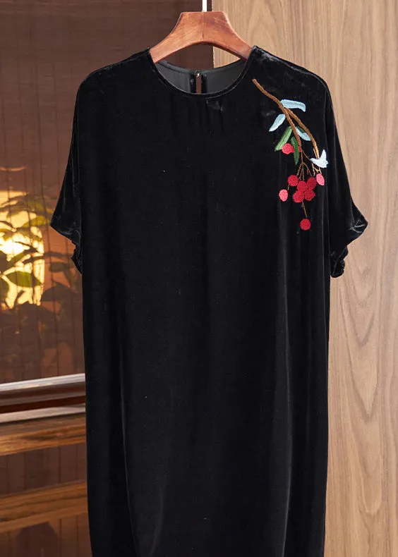 Loose Black O Neck Embroideried Silk Velour Dresses Fall LY9716