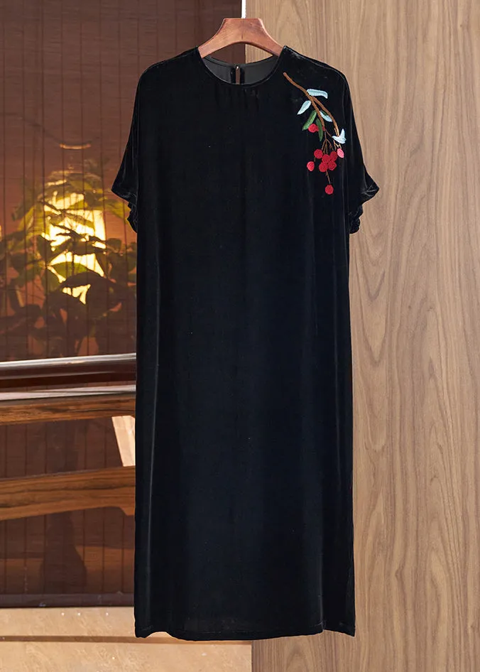 Loose Black O Neck Embroideried Silk Velour Dresses Fall LY9716