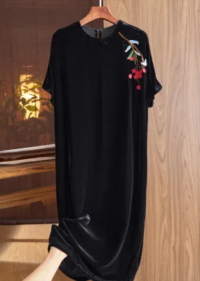 Loose Black O Neck Embroideried Silk Velour Dresses Fall LY9716