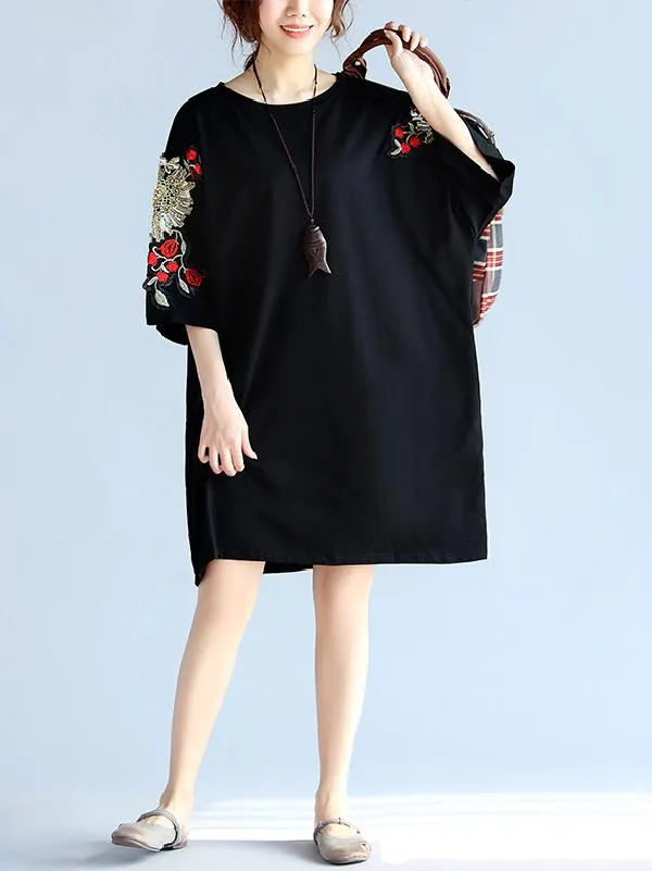 Loose Embroidery Black Midi Dresses