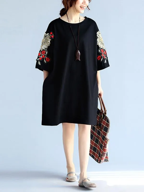 Loose Embroidery Black Midi Dresses