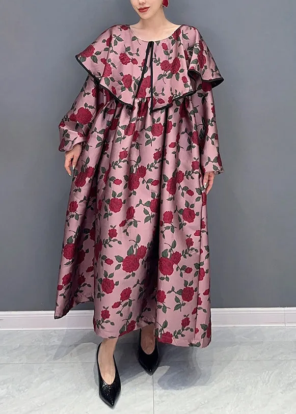 Loose Red Peter Pan Collar Print Patchwork Cotton Long Dresses Fall ML1440