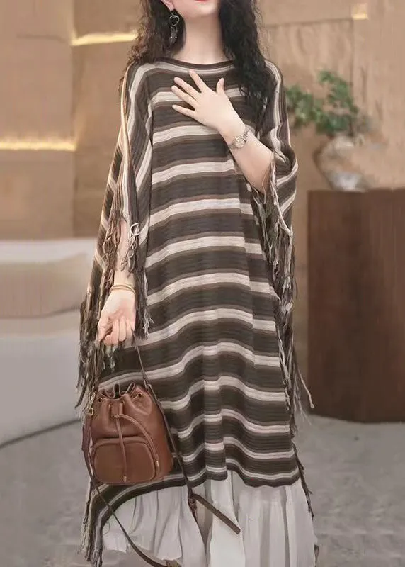 Loose Striped Tasseled Patchwork Knit Long Dresses Fall ML0081