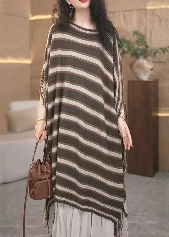 Loose Striped Tasseled Patchwork Knit Long Dresses Fall ML0081