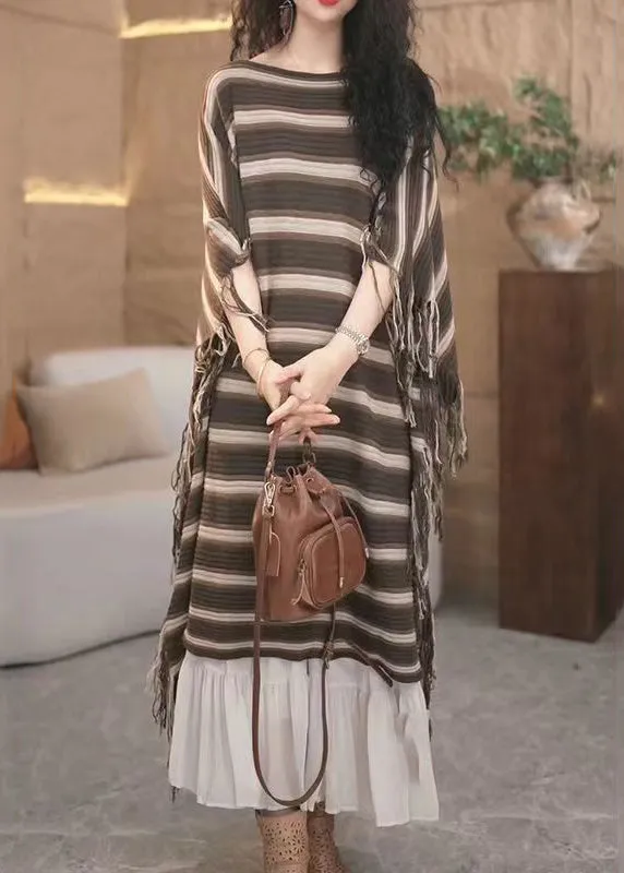 Loose Striped Tasseled Patchwork Knit Long Dresses Fall ML0081