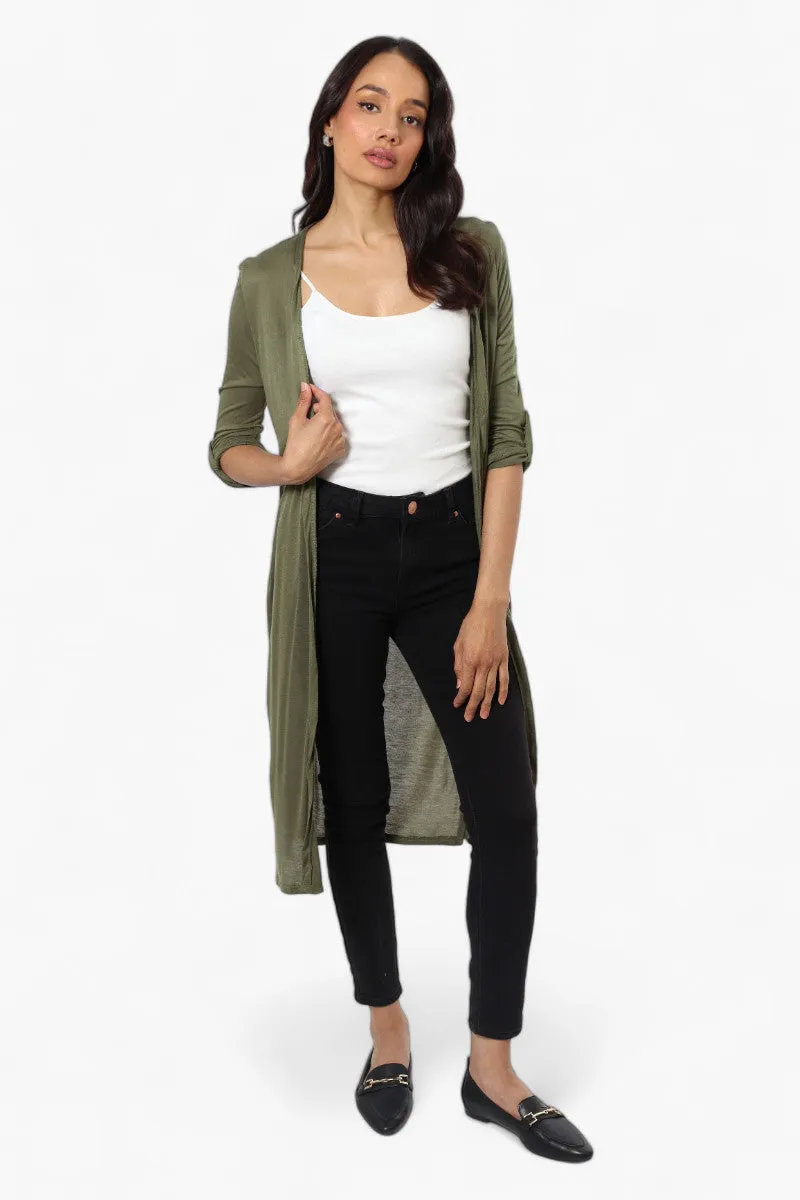 Magazine Roll Up Sleeve Open Duster Cardigan - Olive