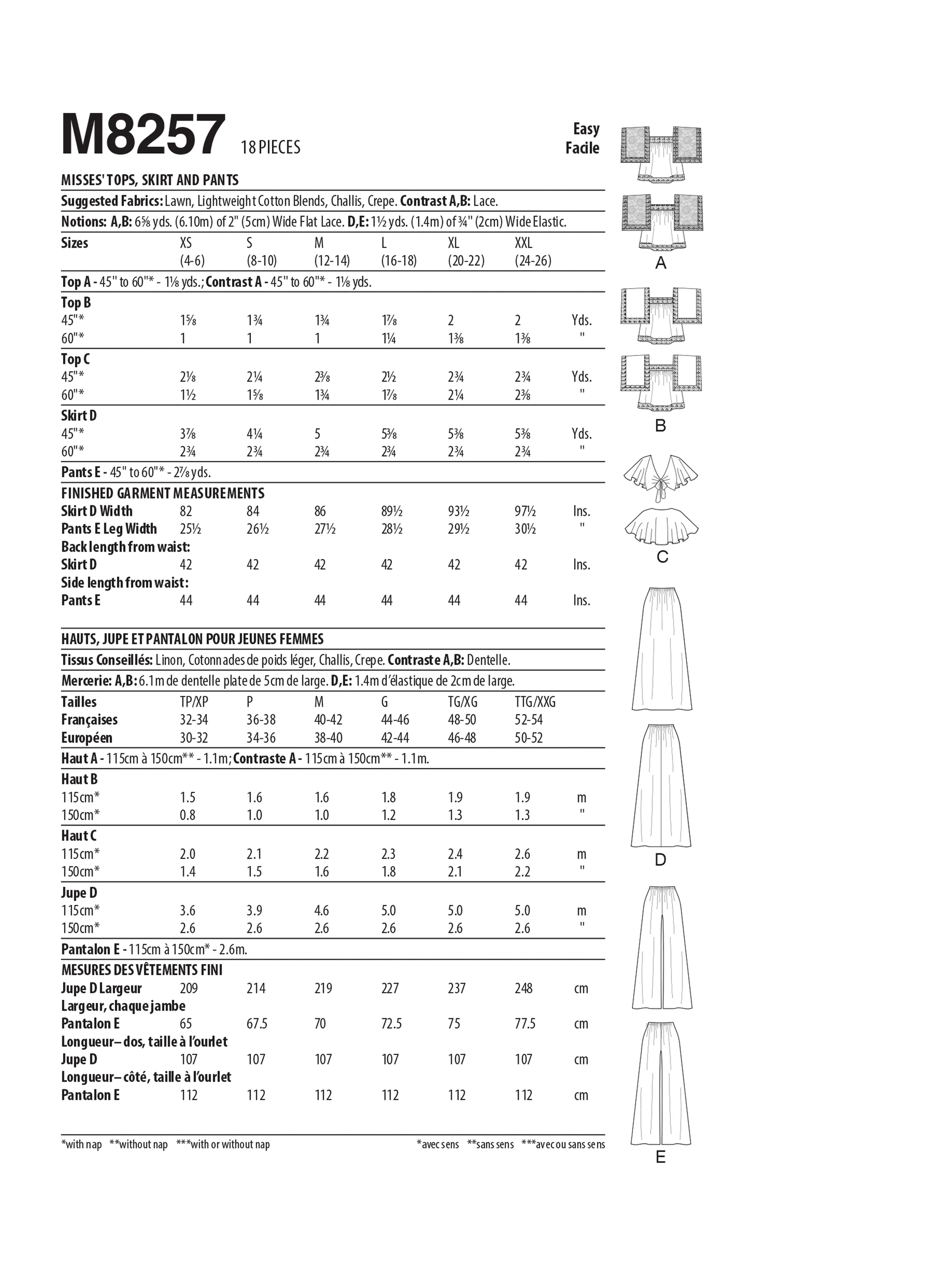 McCall's Sewing Pattern 8257 Vintage Tops, Skirt and Pants