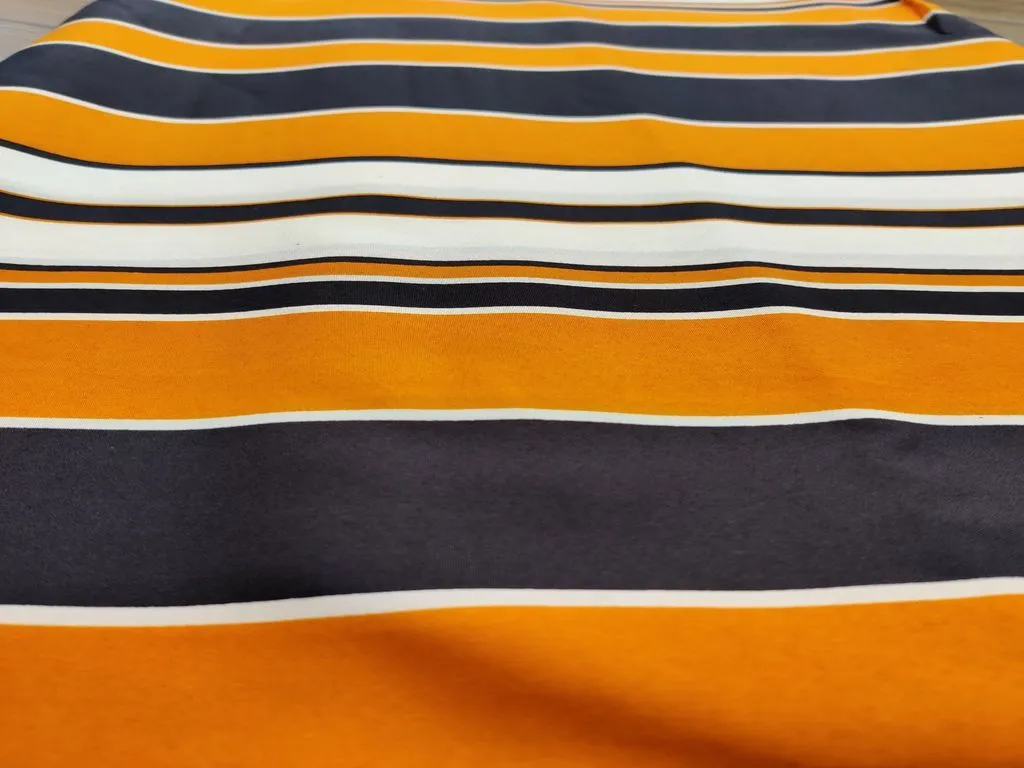 Mustard Blue Stripes Digital Printed Poly Crepe Fabric