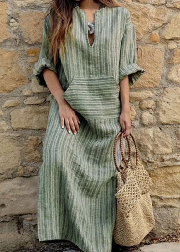 Natural Grey O-Neck Striped Patchwork Long Dresses Spring AH382