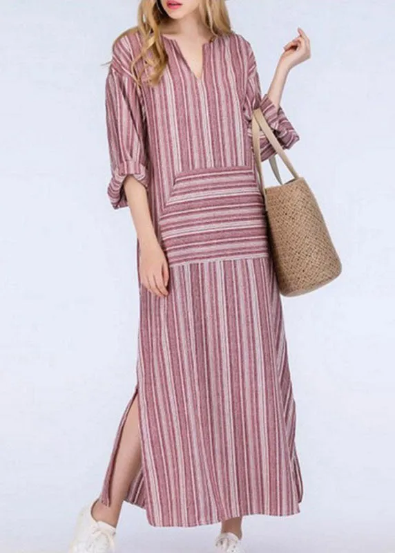 Natural Grey O-Neck Striped Patchwork Long Dresses Spring AH382