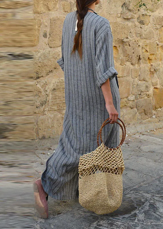 Natural Grey O-Neck Striped Patchwork Long Dresses Spring AH382