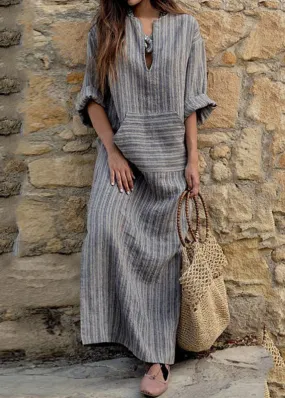 Natural Grey O-Neck Striped Patchwork Long Dresses Spring AH382