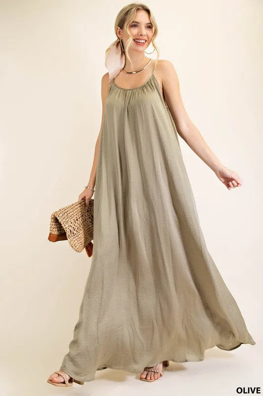 Olive Summer Satin Cool Maxi Sundress