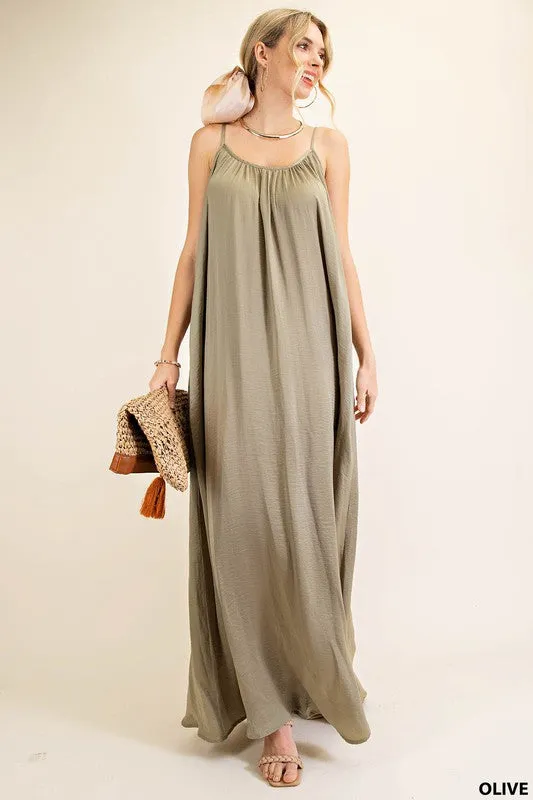 Olive Summer Satin Cool Maxi Sundress