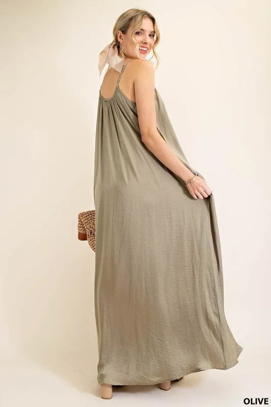 Olive Summer Satin Cool Maxi Sundress