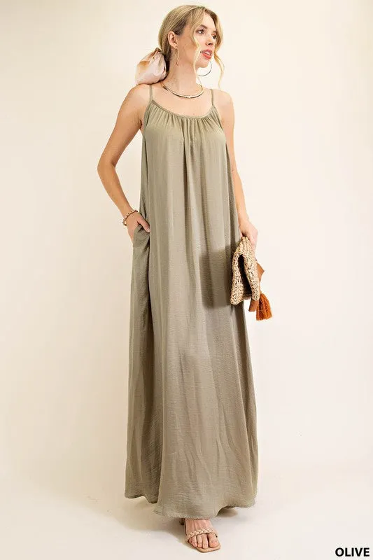 Olive Summer Satin Cool Maxi Sundress