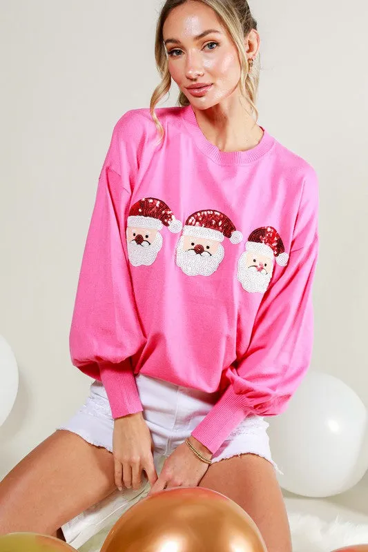 Pink Sequin Santa Detail Sweater Top