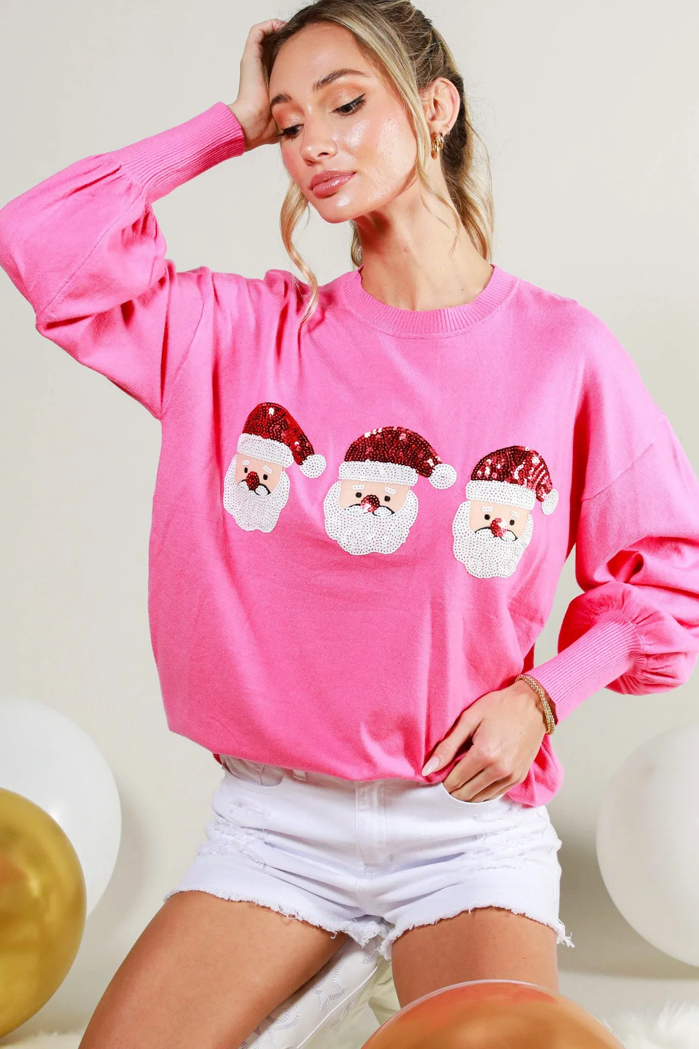 Pink Sequin Santa Detail Sweater Top