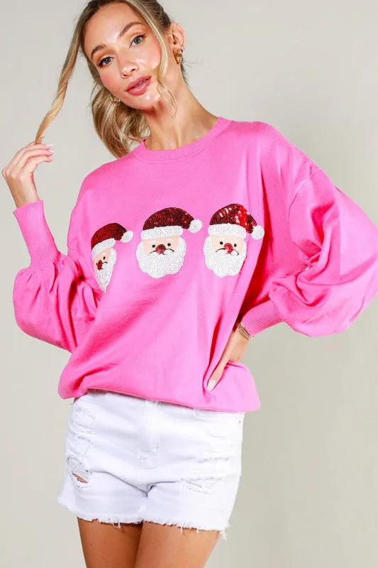 Pink Sequin Santa Detail Sweater Top