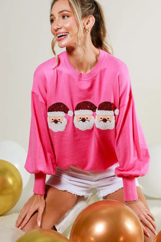 Pink Sequin Santa Detail Sweater Top