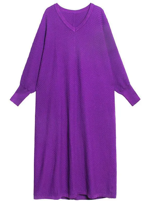 Plus Size Purple V Neck Loose fashion Fall Vacation Dresses Long sleeve