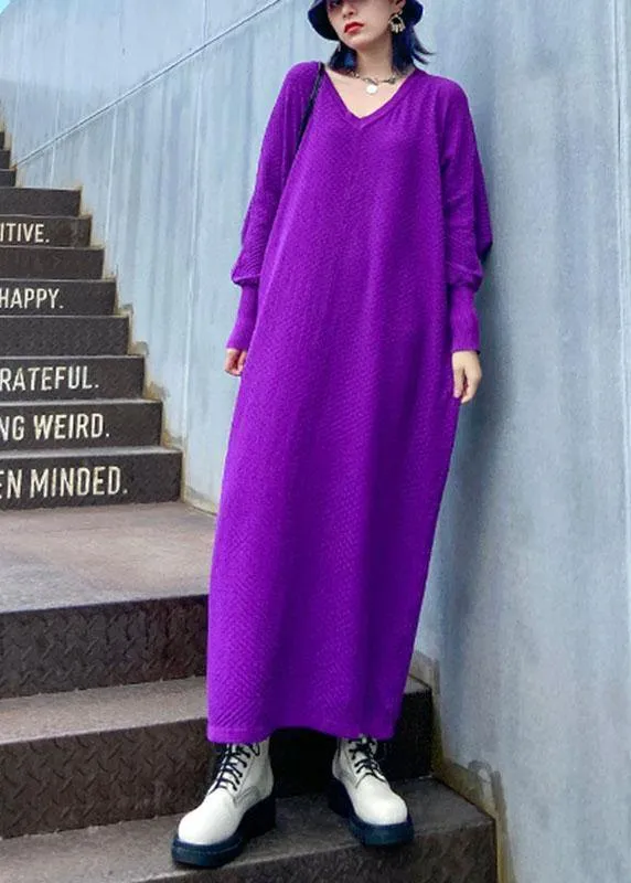 Plus Size Purple V Neck Loose fashion Fall Vacation Dresses Long sleeve