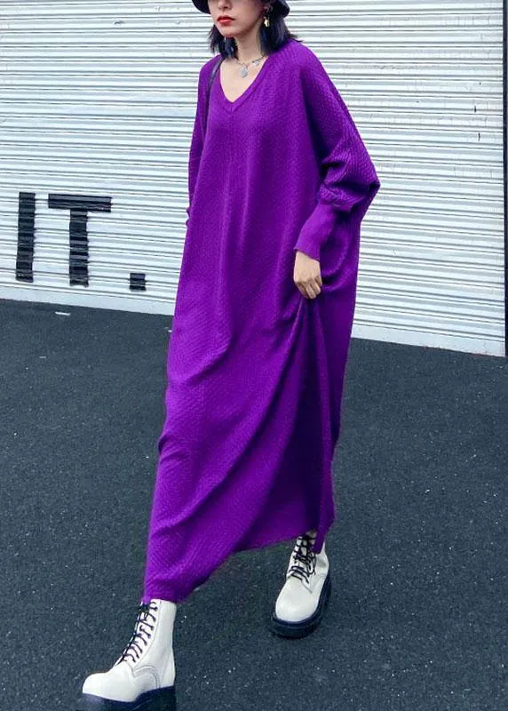 Plus Size Purple V Neck Loose fashion Fall Vacation Dresses Long sleeve