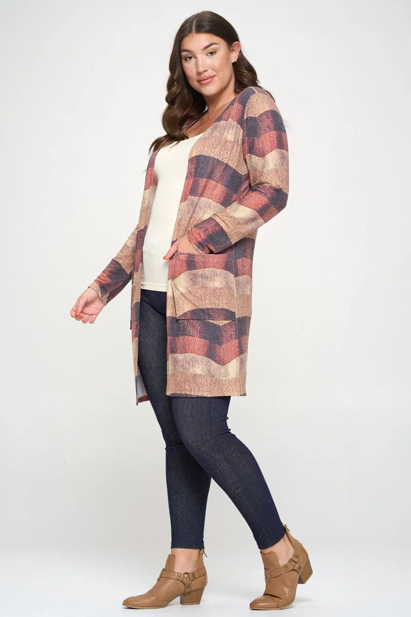 Plus Size Woven Knit Printed Open Front Cardigan