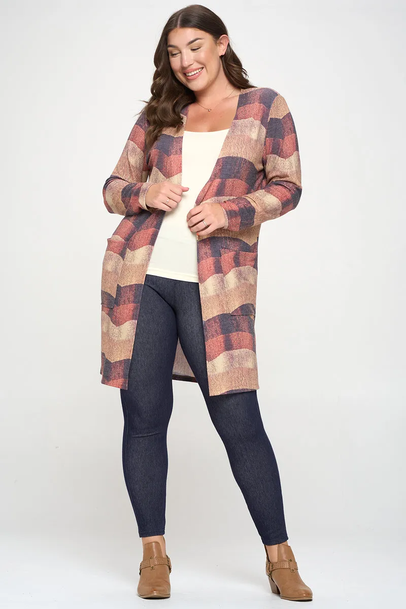 Plus Size Woven Knit Printed Open Front Cardigan