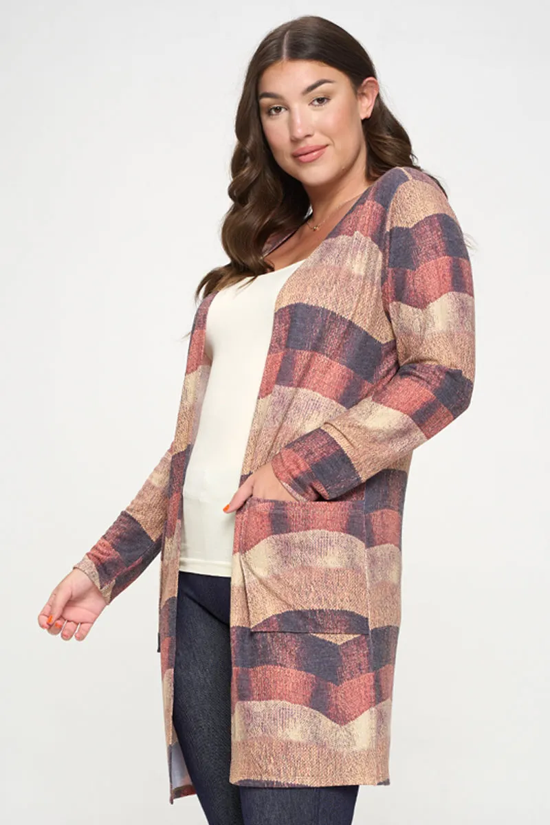 Plus Size Woven Knit Printed Open Front Cardigan