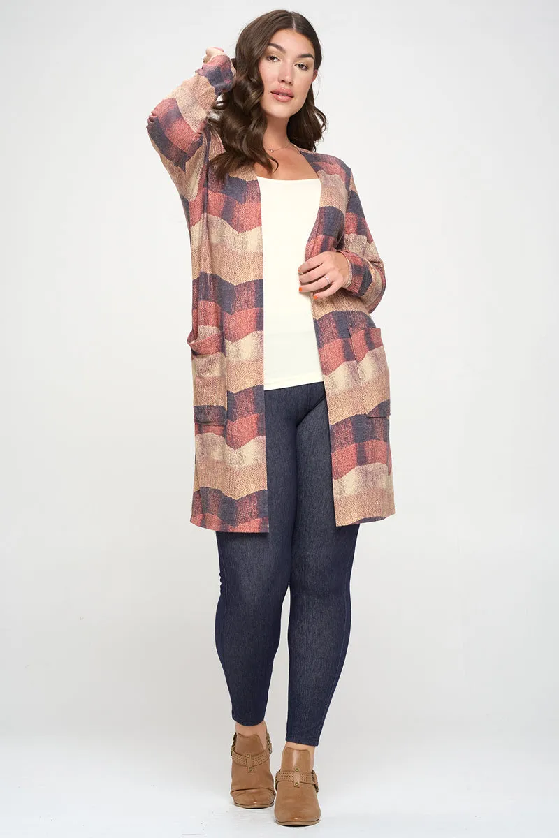 Plus Size Woven Knit Printed Open Front Cardigan