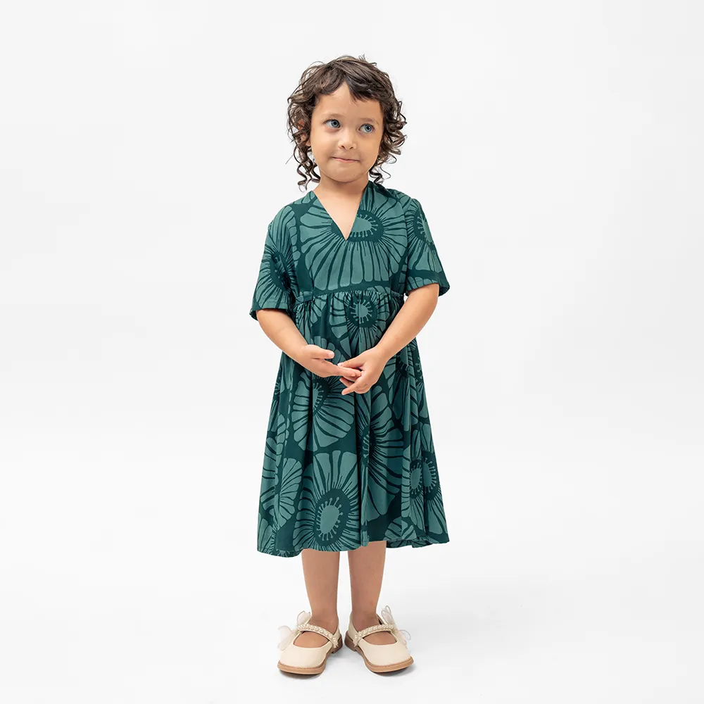 Retro Flowers Dark Teal Girl's Frock Dress, 4 sizes