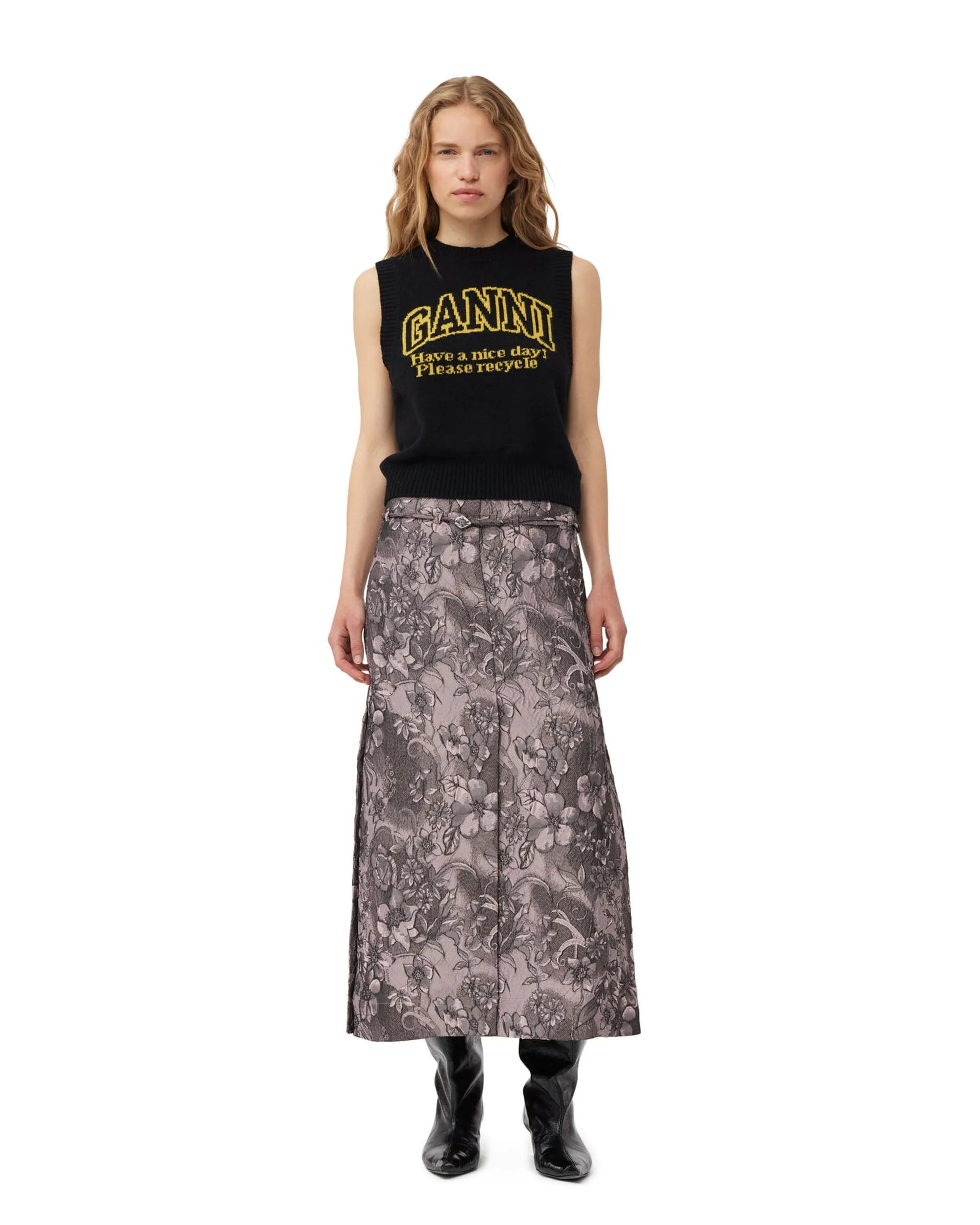 Rippled Jacquard Long Slit Skirt - Black Lotus