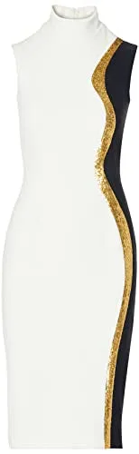 Sergio Hudson, Sleeveless Mock Neck Midi Dress, 4, Ivory, Midnight, Gold