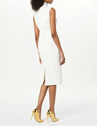 Sergio Hudson, Sleeveless Mock Neck Midi Dress, 4, Ivory, Midnight, Gold