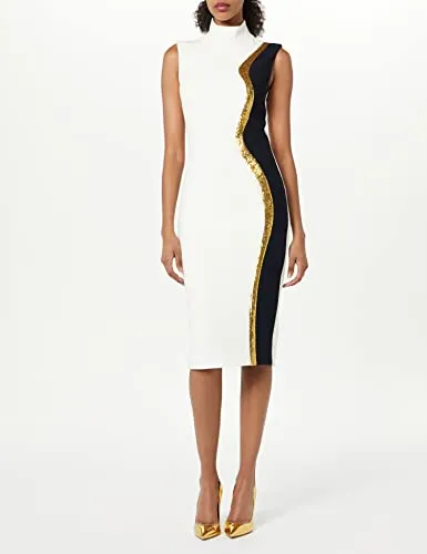 Sergio Hudson, Sleeveless Mock Neck Midi Dress, 4, Ivory, Midnight, Gold