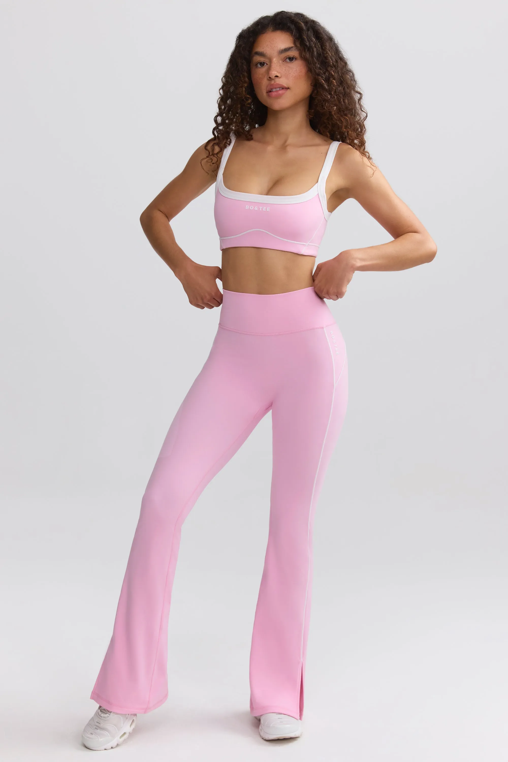 Soft Active Contrast-Trim Flared Trousers in Baby Pink