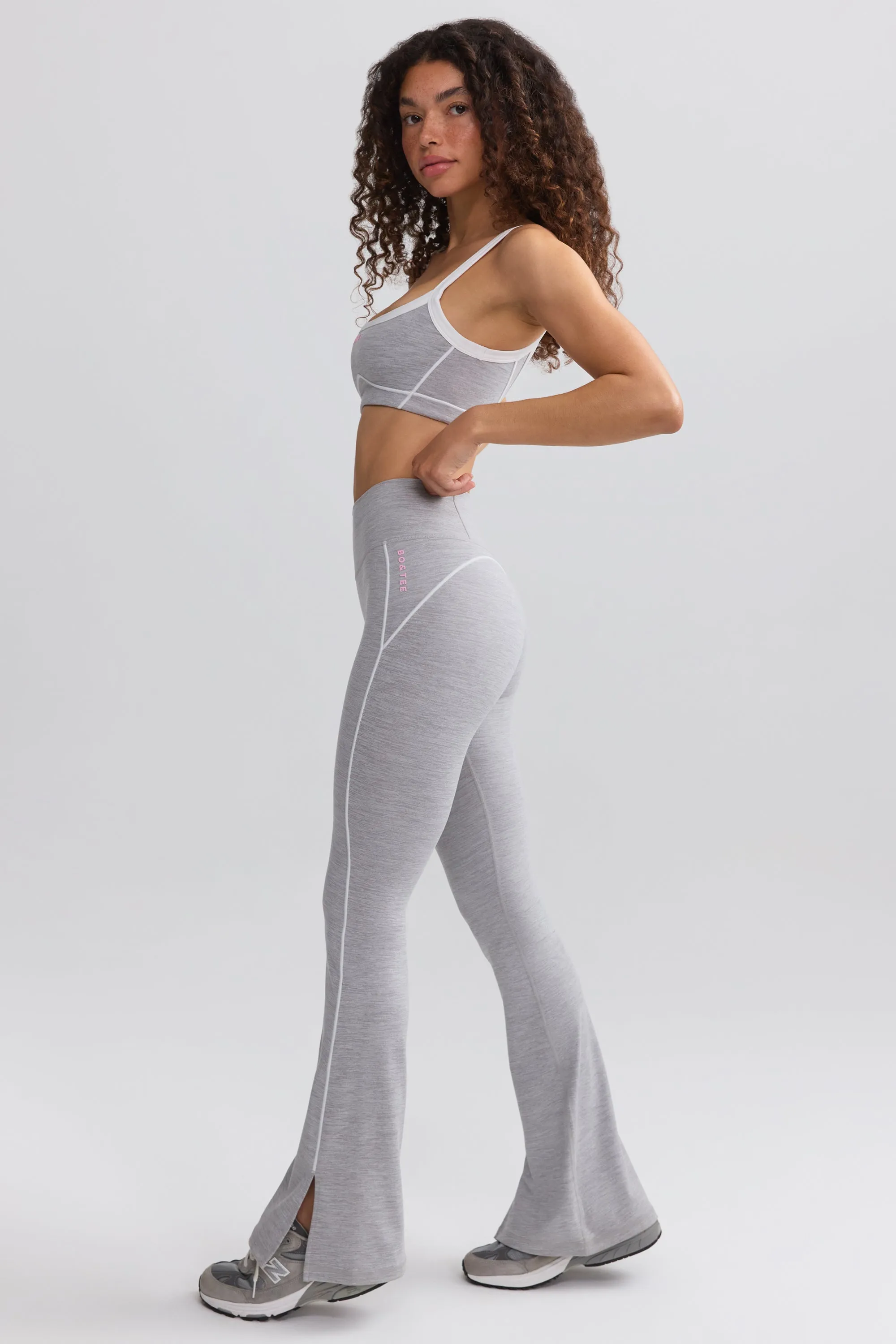 Soft Active Contrast-Trim Flared Trousers in Ice Grey